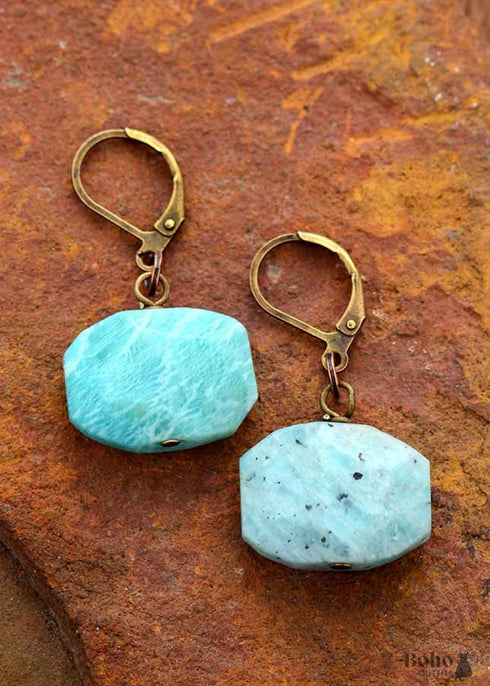 Boho Earrings, Dangle Earrings, Hexagon Blue Amazonite